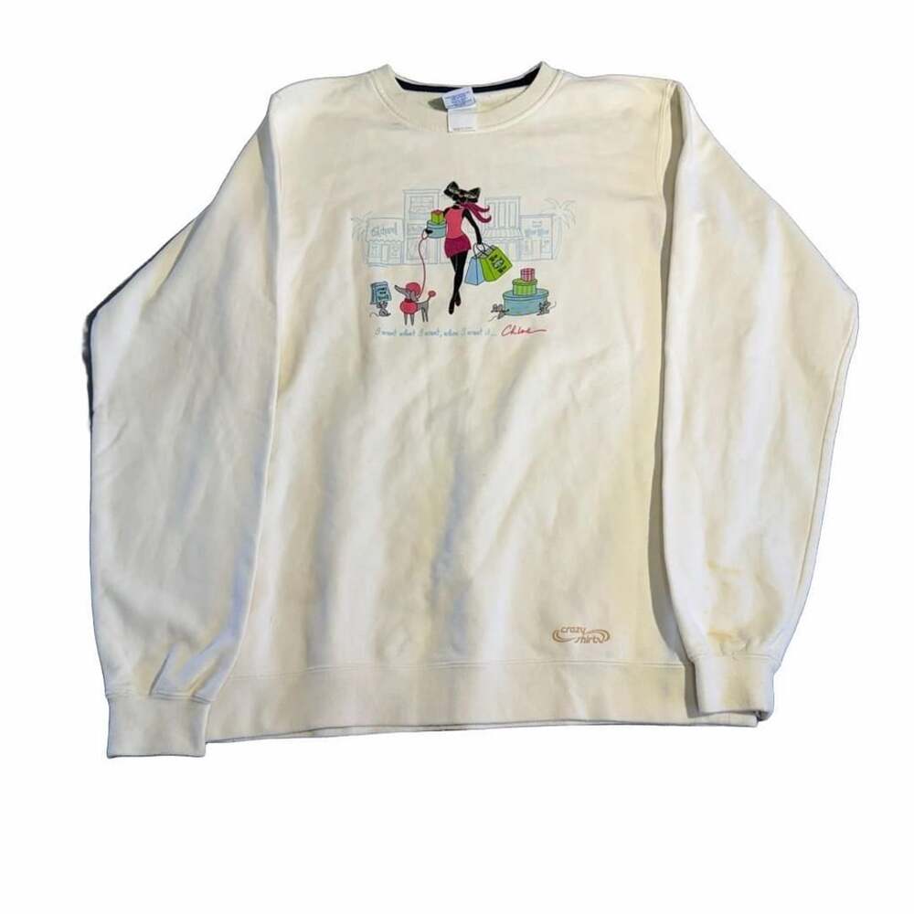 Crazy Shirts Chloe Cat Graphic Crewneck Sweatshirt Size M Off White